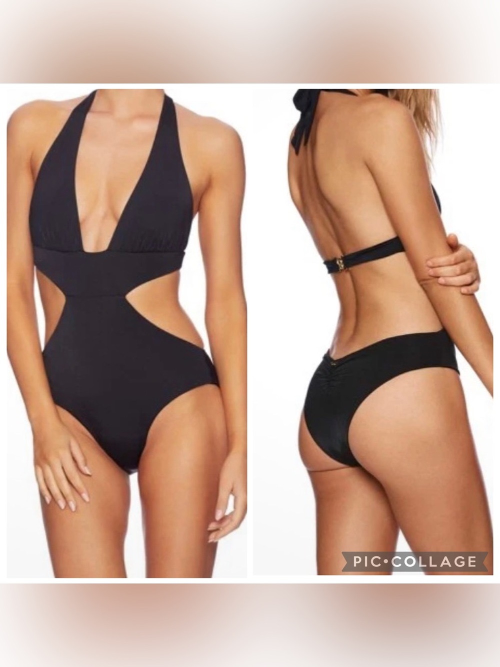 BEACH BUNNY Swimsuit Sz M Onepiece Nina Cutout Black Tie Halter V Neck Monokini